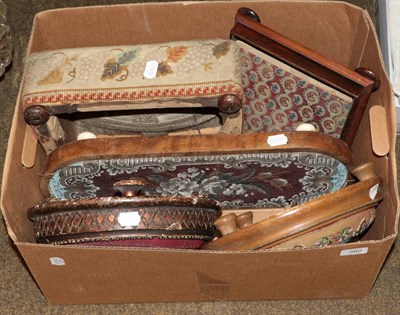 Lot 392 - Victorian beadwork tray, two circular footstools with bead mounts, mahogany square stand with...