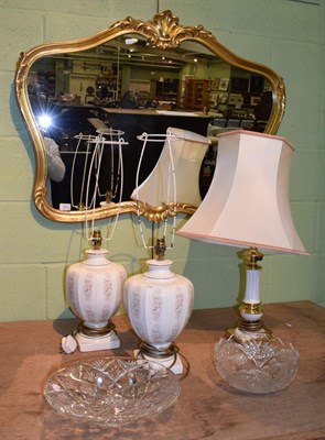 Lot 403 - Pair of floral decorated table lamps; brass table lamp; two crystal bowls; a modern oil and a...