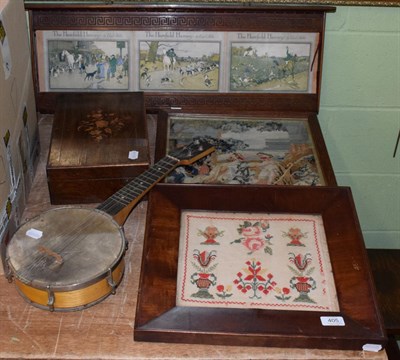 Lot 405 - Oak occasional drop leaf table; rosewood inlaid box; wall panel with Aldin hunting triptych insert