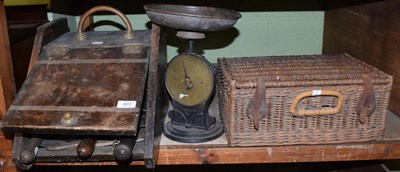 Lot 407 - A Victorian coal scuttle; various bygone tools and implements including shears; a Salter set of...