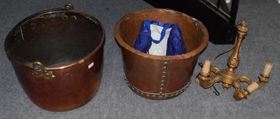 Lot 414 - A 19th century copper log bin with swing handle; a copper riveted planter; and a gilt wood five...