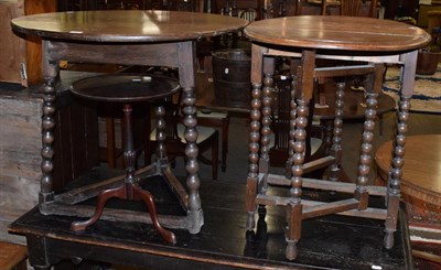 Lot 444 - A circular cricket table with later top on bobbin turned legs, 84cm diameter; a small drop leaf...