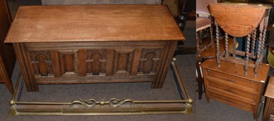 Lot 445 - An Old Charm carved oak coffer; Permacraft chest of drawers; a small oak gateleg table; and a brass