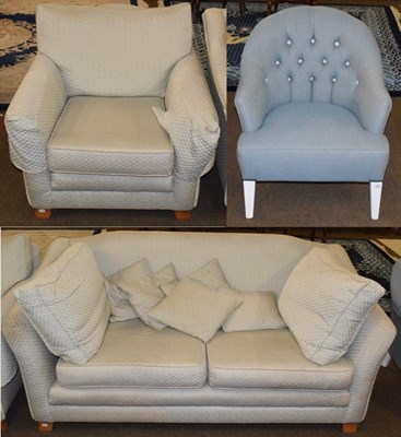 Lot 496 - A pale blue two-seater sofa retailed by Barker & Stonehouse, with scatter cushions; together with a