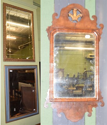 Lot 543 - A mahogany fret cut mirror, a medium sized gilt-framed mirror and a blue painted mirror (3)