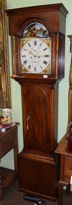 Lot 555 - An oak eight day longcase clock, painted arch dial unsigned