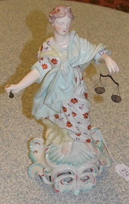 Lot 212 - A Derby porcelain figure of justice, circa 1765, as a standing classical maiden holding a metal...