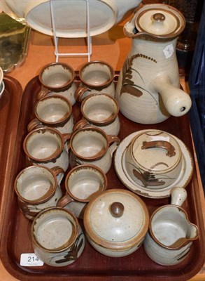 Lot 214 - A Lowerdown pottery foxglove pattern coffee set, designed by David Andrew Leach, on a mottled...