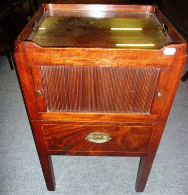 Lot 1250 - A George III Mahogany and Boxwood Strung Tambour Fronted Bedside Commode, circa 1800, the tray...