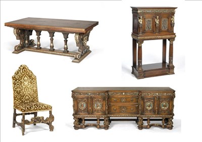 Lot 1252 - A Dining Suite, comprising an oak sideboard, carved, part-gilt and part-painted in the...