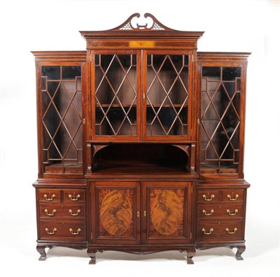 Lot 1258 - A George III Style Mahogany Satinwood and Boxwood Strung Breakfront Bookcase, late 19th...