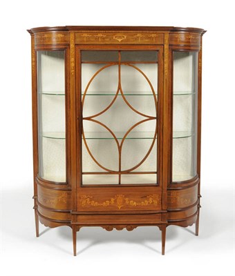 Lot 1259 - An Edwardian Mahogany and Floral Marquetry Breakfront Display Cabinet, circa 1900, the frieze...