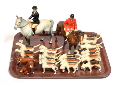 Lot 190 - Beswick Hunting Group Comprising: Huntswoman - Style Two: Standing, model No. 1730, grey gloss...
