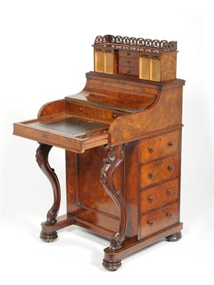 Lot 1284 - A Victorian Figured Walnut Piano-Top Davenport, circa 1870, the three-quarter fret cut gallery...