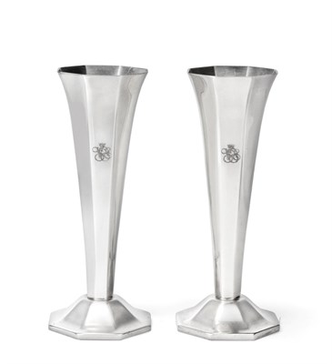Lot 3108 - A Pair of French Silver Plated Vases, by Ercuis, 20th Century, each tapering octagonal and on...