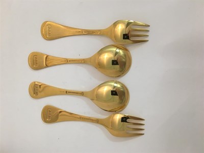Lot 3156 - Four Pairs of Danish Silver-Gilt and Enamel Spoons and Forks, by Georg Jensen, Copenhagen,...