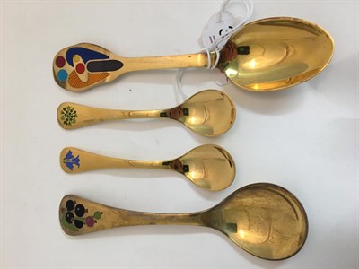 Lot 3156 - Four Pairs of Danish Silver-Gilt and Enamel Spoons and Forks, by Georg Jensen, Copenhagen,...