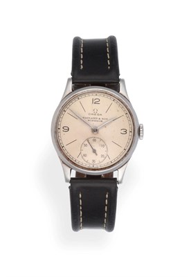 Lot 3174 - A Stainless Steel Wristwatch, signed Omega, retailed by Wagland & Son, Windsor, circa 1946,...