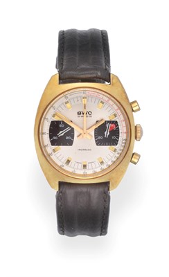 Lot 3181 - A Gold Plated Chronograph Wristwatch, signed BWC, Swiss, circa 1975, (calibre Valjoux 7733)...