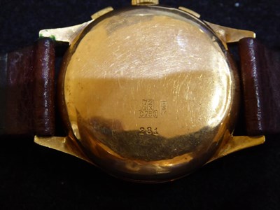 Lot 3202 - An 18 Carat Gold Chronograph Wristwatch, signed Exactus, circa 1950, lever movement, silvered...