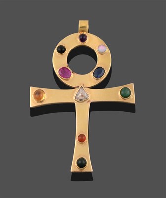 Lot 3233 - A Multi-Gem Set Cross Pendant, the cross motif set throughout with amethyst, opal, sapphire,...