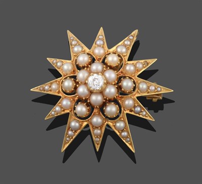 Lot 3237 - A Diamond and Split Pearl Star Brooch, an old cut diamond in a yellow claw and rubbed over...