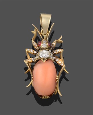 Lot 3239 - A Coral, Diamond and Red Stone Beetle Pendant, the beetle realistically modelled with a...