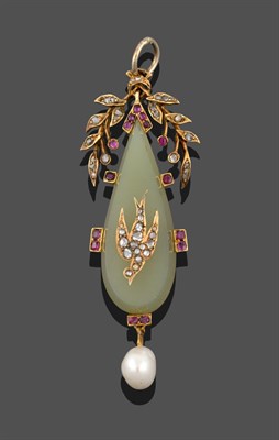 Lot 3245 - A French Ruby, Chalcedony, Cultured Pearl and Diamond Pendant, circa 1890, the pear shaped...