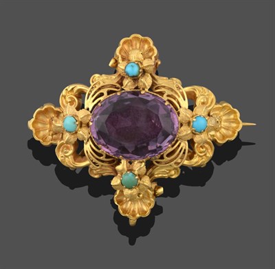 Lot 3248 - A Belle Epoque Amethyst and Turquoise Brooch, the central oval cut amethyst in yellow claw and...