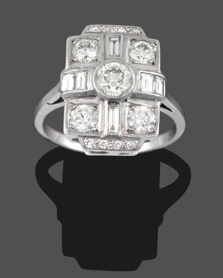 Lot 3257 - An Art Deco Style Diamond Cluster Ring, the plaque form inset with round brilliant and baguette cut