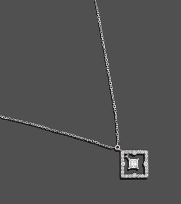 Lot 3262 - A Diamond Pendant on Chain, a square frame set with round brilliant cut diamonds and a princess cut