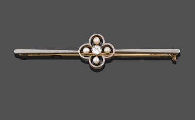 Lot 3266 - A Cultured Pearl and Diamond Bar Brooch, the central round brilliant cut diamond in a white...