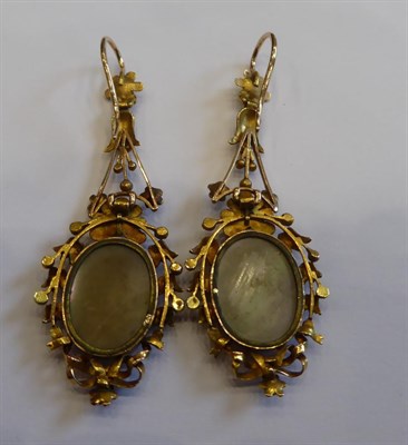 Lot 3276 - A Pair of Seed Pearl and Diamond Drop Earrings, a seed pearl in a yellow floral motif border...