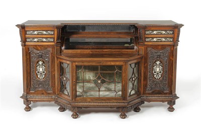 Lot 1301 - A Victorian Carved Rosewood, Ebony and Bone Inlaid Display Cabinet, late 19th century, the leaf...