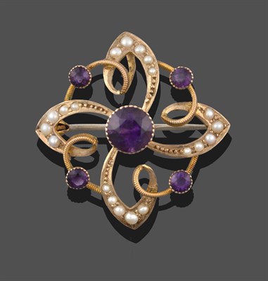 Lot 3279 - An Amethyst and Seed Pearl Brooch/Pendant, a round cut amethyst, to four further smaller...
