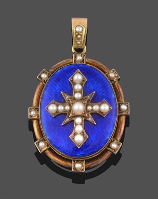 Lot 3284 - A Blue Enamel and Split Pearl Locket, a cross motif inset with split pearls, on a blue enamel...