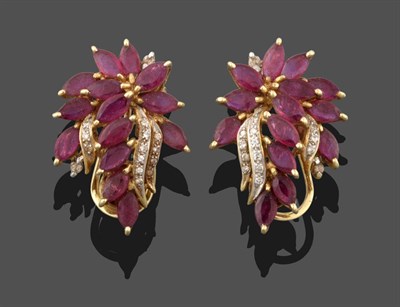 Lot 3287 - A Pair of Ruby and Diamond Spray Earrings, leaf sprays set with marquise cut rubies in yellow...