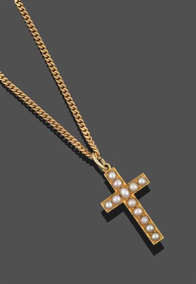 Lot 3289 - A Split Pearl Cross Pendant on Chain, the cross set throughout with split pearls in yellow claw and