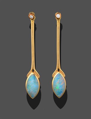 Lot 3319 - A Pair of 18 Carat Gold Opal and Diamond Drop Earrings, a round brilliant cut diamond suspends...