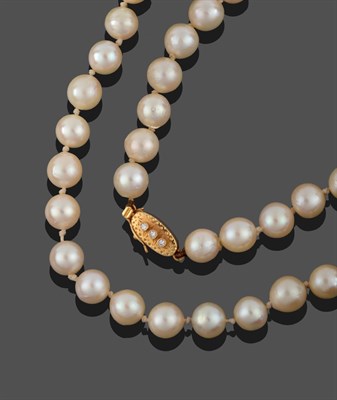 Lot 3321 - A Cultured Pearl Necklace, forty-eight cultured pearls knotted to an eight-cut diamond set...