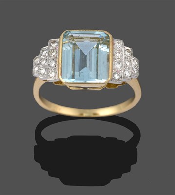 Lot 3326 - An Aquamarine and Diamond Ring, an emerald-cut aquamarine in a yellow millegrain setting, to...