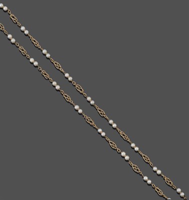 Lot 3334 - A 9 Carat Gold Cultured Pearl Necklace, pairs of cultured pearls spaced by yellow basket weave...