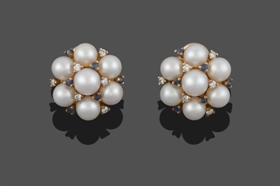 Lot 3335 - A Pair of 18 Carat Gold Cultured Pearl, Diamond and Sapphire Cluster Earrings, the cultured...
