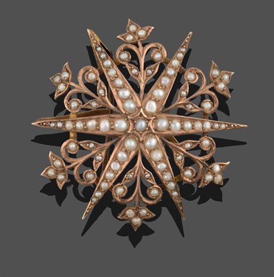 Lot 3340 - An Early 20th Century 9 Carat Gold Seed Pearl Star Brooch, six seed pearl set radial arms spaced by