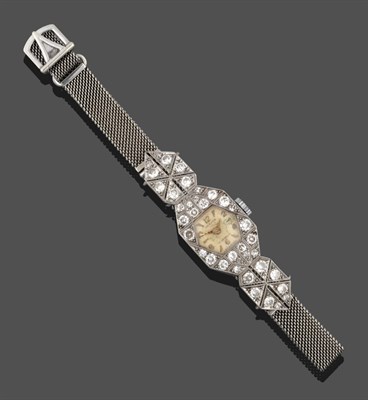Lot 3346 - A Lady's Diamond Set Wristwatch, signed Hermes, circa 1950, lever movement, silvered textured...