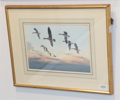 Lot 2025 - John Cyril Harrison (1898-1985)  Geese at sunset  Signed, watercolour, 22.5cm by 32.5cm...