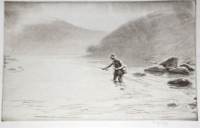 Lot 2031 - George Soper RE (1870-1942) ''Salmon Fishing; The Cast'' ''Salmon Fishing'' Signed, drypoint...