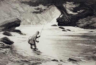 Lot 2031 - George Soper RE (1870-1942) ''Salmon Fishing; The Cast'' ''Salmon Fishing'' Signed, drypoint...