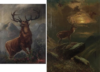 Lot 2045 - Clarence Henry Roe (1850-1909) Stag in a stormy Highland landscape  Signed, oil on canvas, together