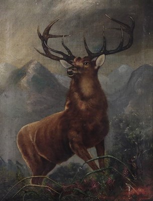 Lot 2045 - Clarence Henry Roe (1850-1909) Stag in a stormy Highland landscape  Signed, oil on canvas, together